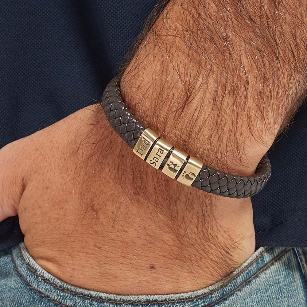 Personalised Men's Leather Bracelet With Name Beads For Dad Father's Day Gifts