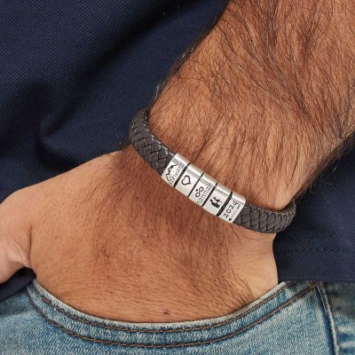 Personalised Men's Leather Bracelet With Name Beads For Dad Father's Day Gifts