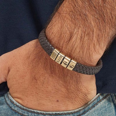 Personalised Men's Leather Bracelet With Name Beads For Dad Father's Day Gifts